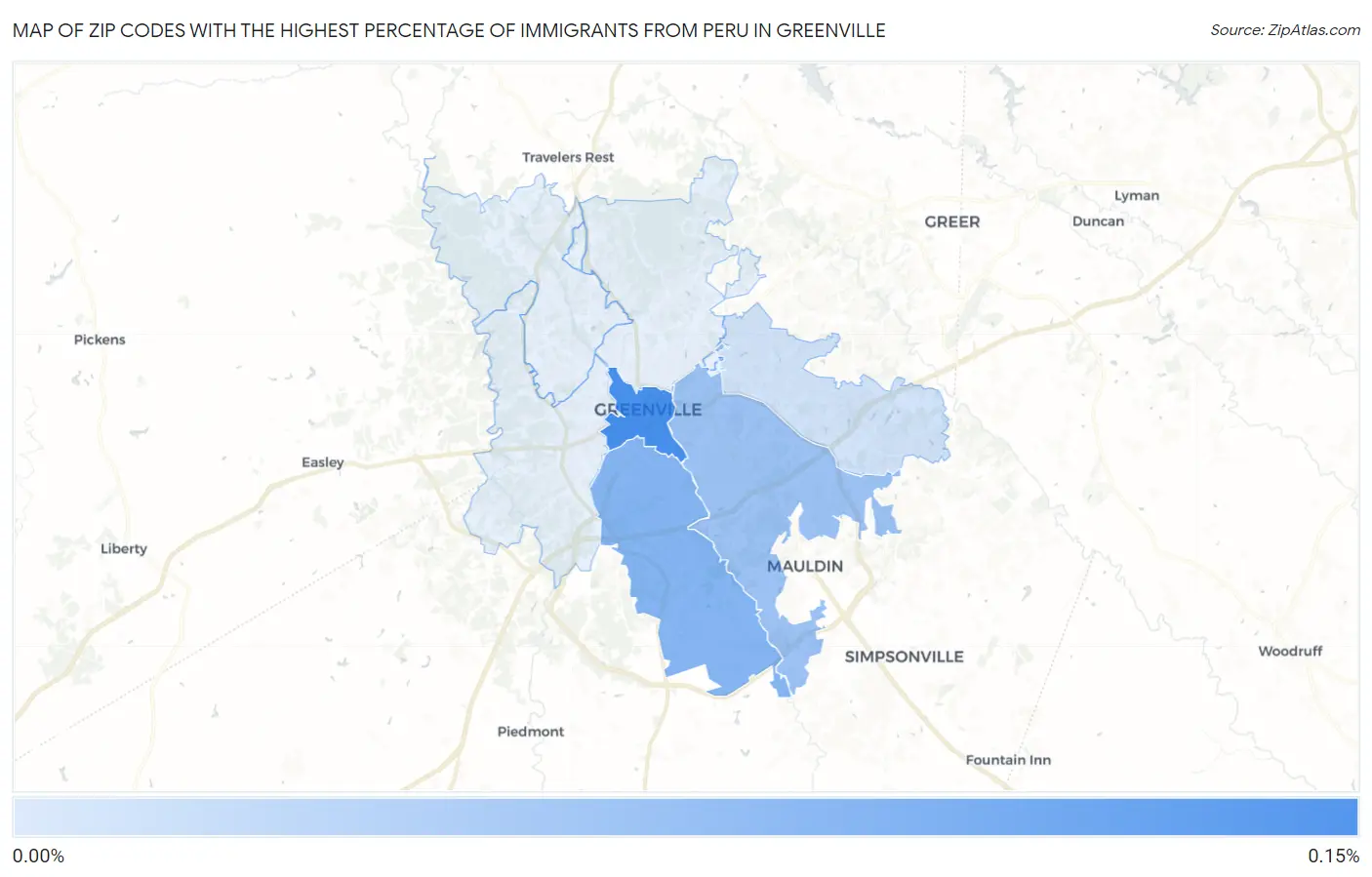 Zip Codes with the Highest Percentage of Immigrants from Peru in Greenville Map