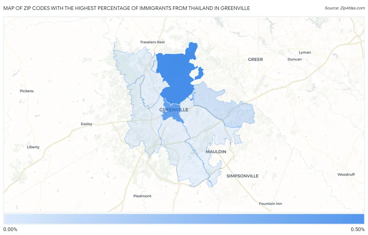 Zip Codes with the Highest Percentage of Immigrants from Thailand in Greenville Map