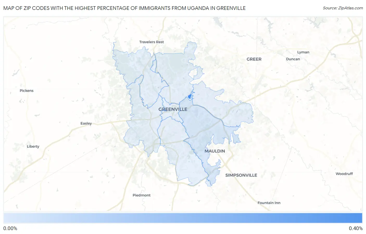 Zip Codes with the Highest Percentage of Immigrants from Uganda in Greenville Map