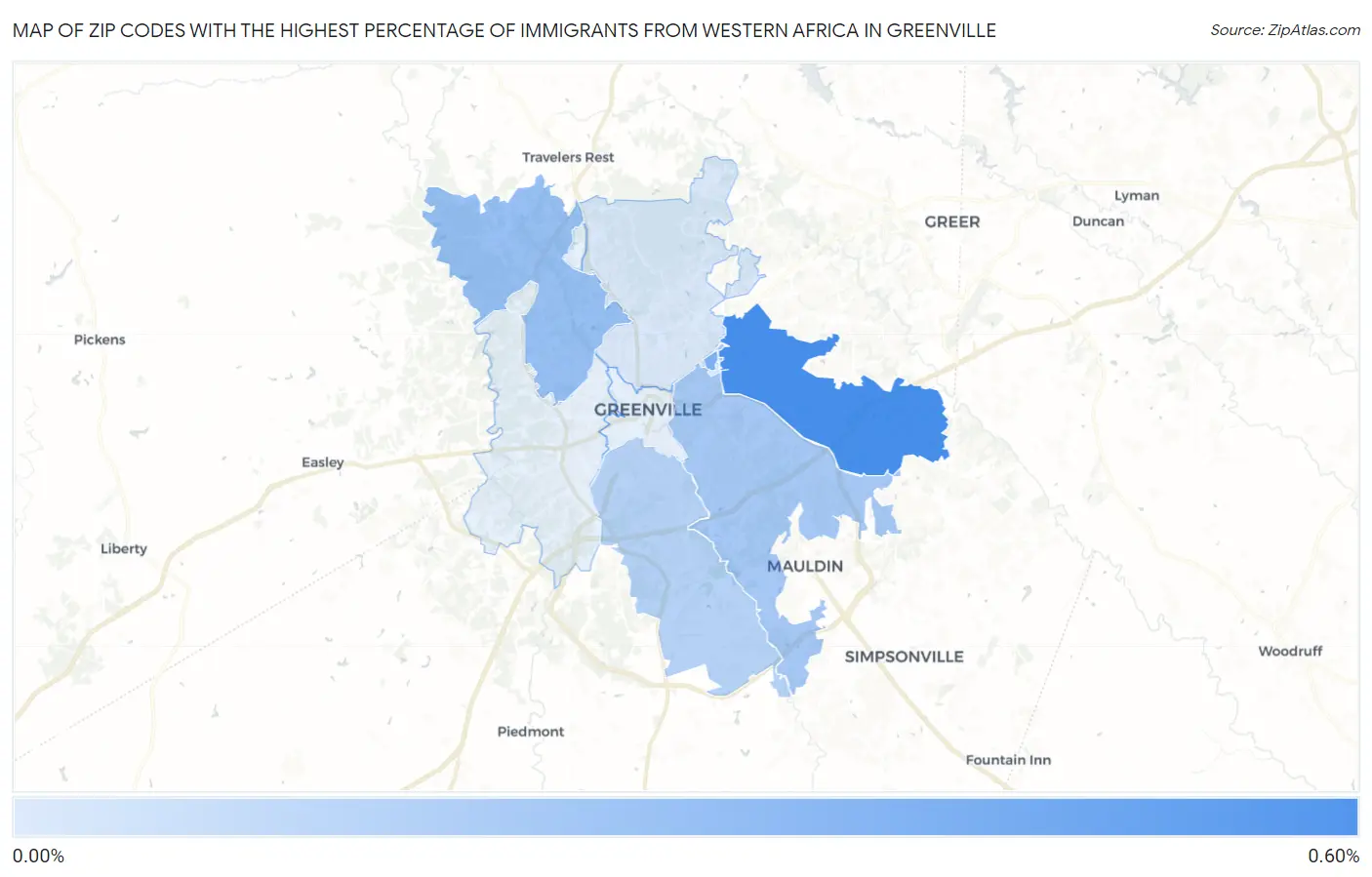 Zip Codes with the Highest Percentage of Immigrants from Western Africa in Greenville Map