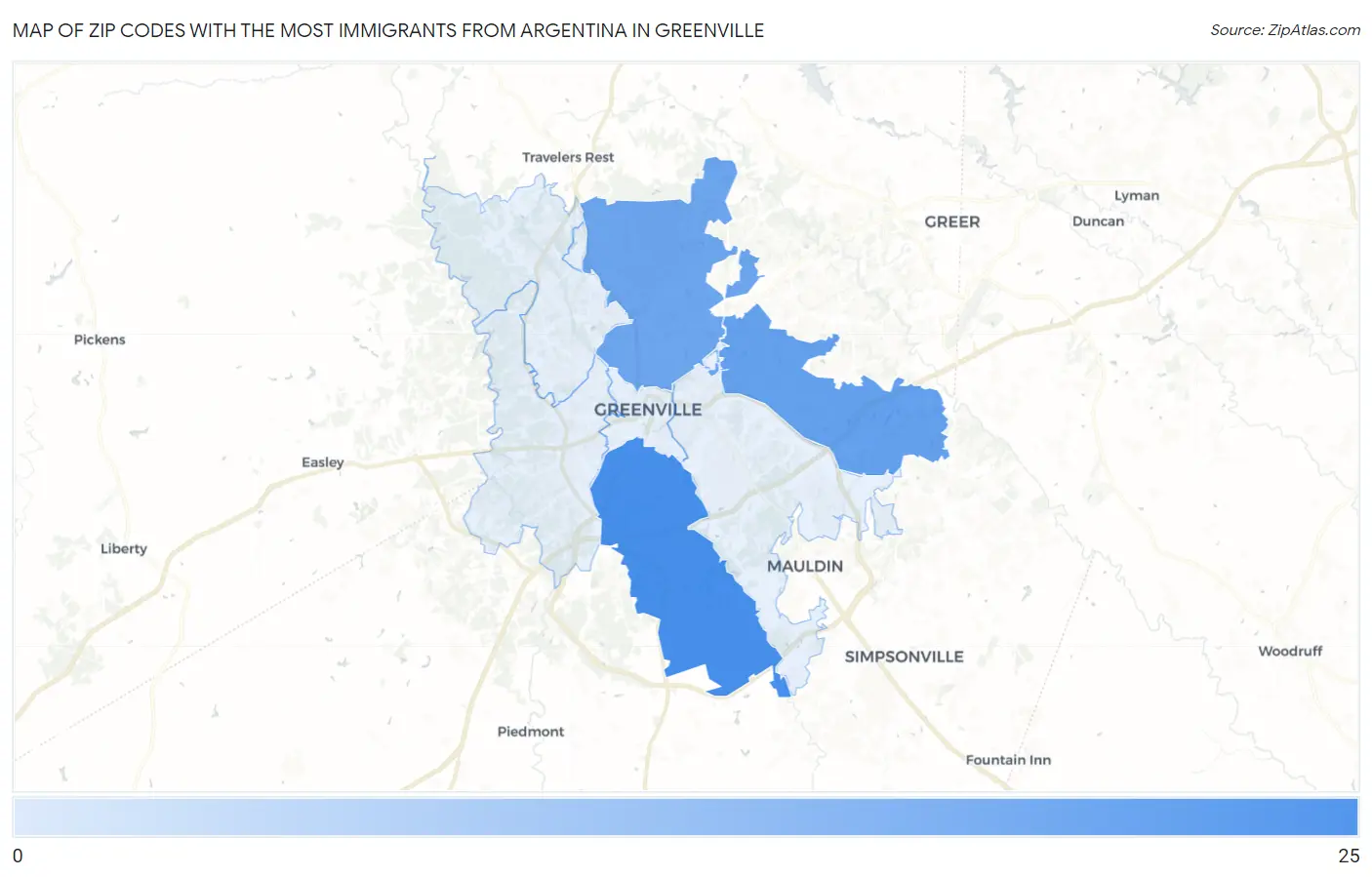 Zip Codes with the Most Immigrants from Argentina in Greenville Map
