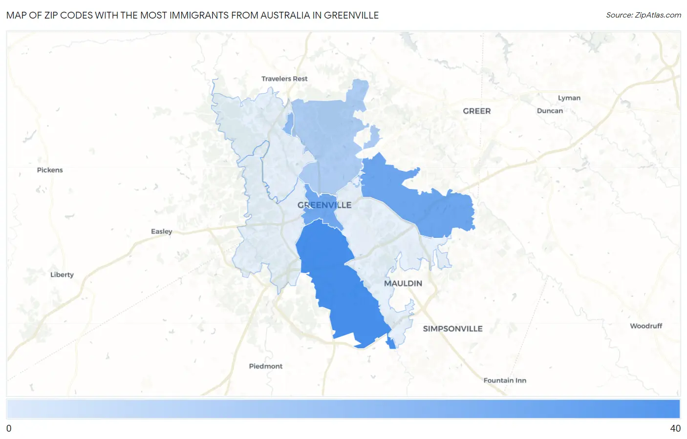 Zip Codes with the Most Immigrants from Australia in Greenville Map