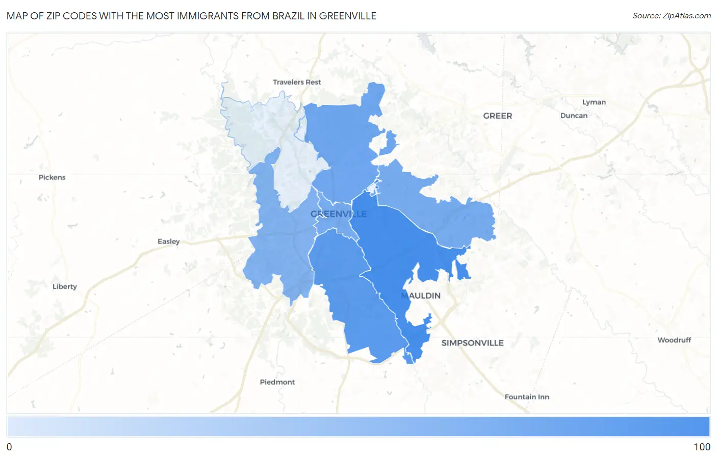 Zip Codes with the Most Immigrants from Brazil in Greenville Map