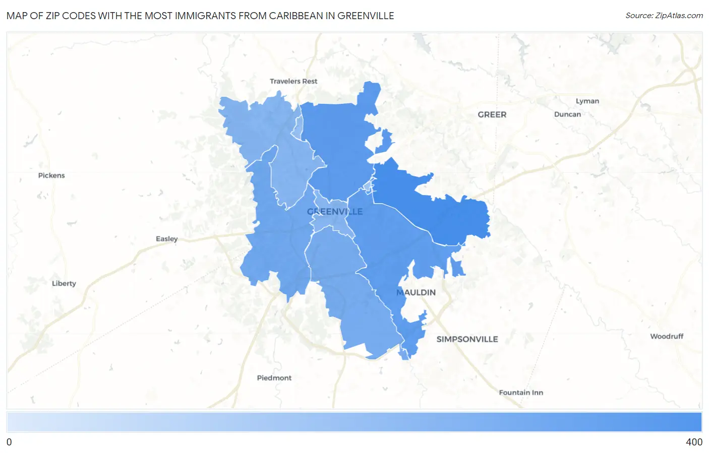 Zip Codes with the Most Immigrants from Caribbean in Greenville Map