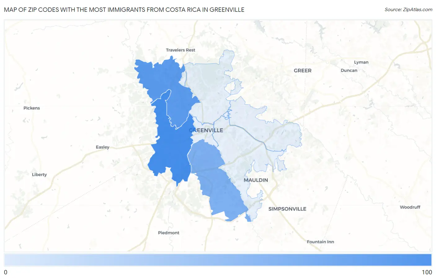Zip Codes with the Most Immigrants from Costa Rica in Greenville Map