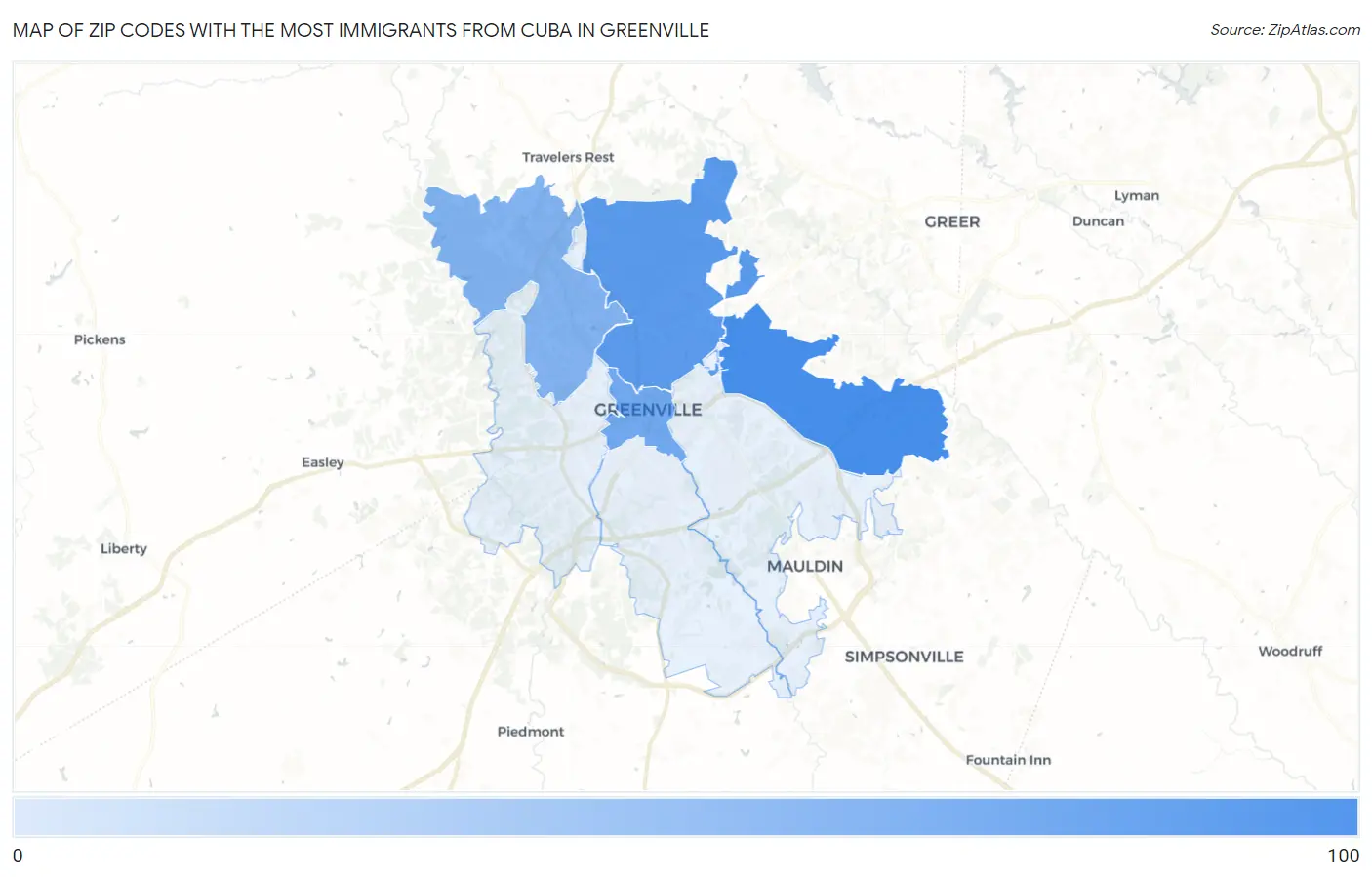 Zip Codes with the Most Immigrants from Cuba in Greenville Map