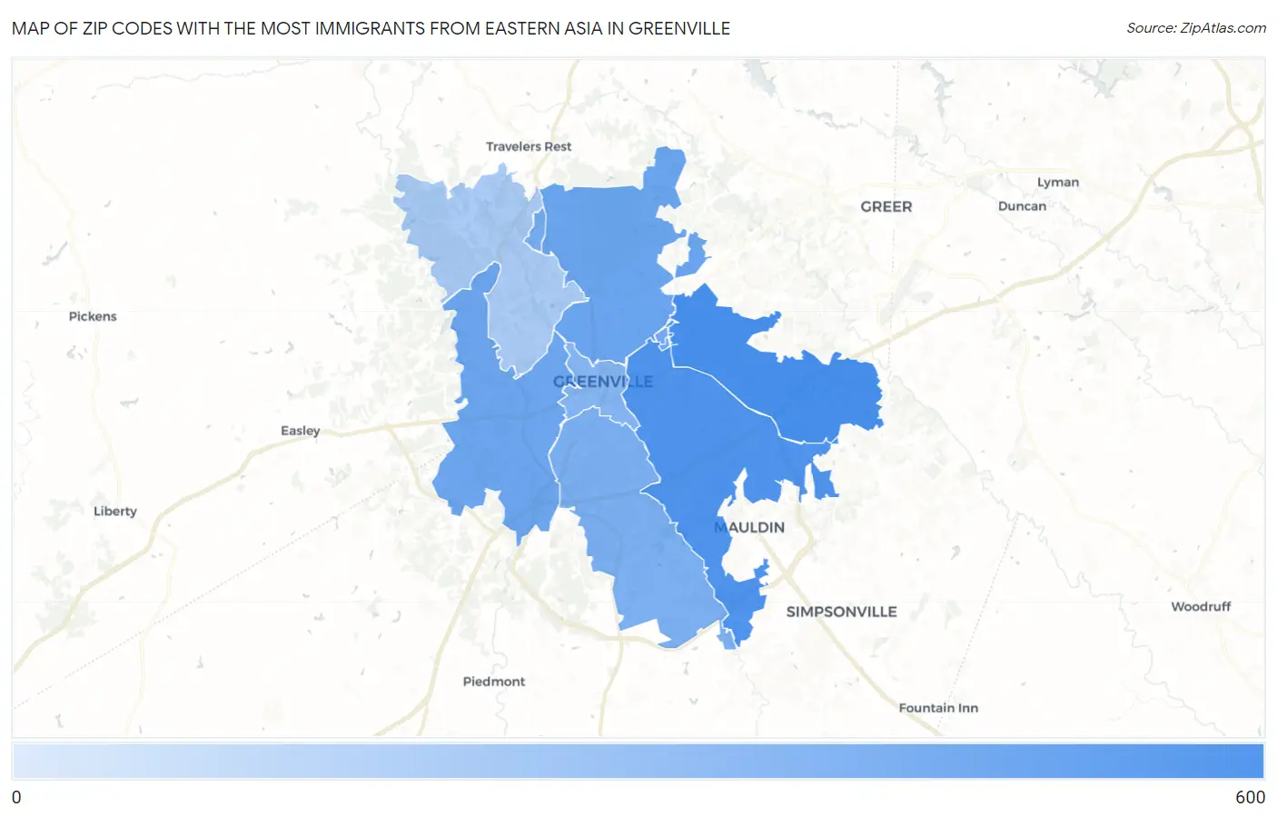 Zip Codes with the Most Immigrants from Eastern Asia in Greenville Map