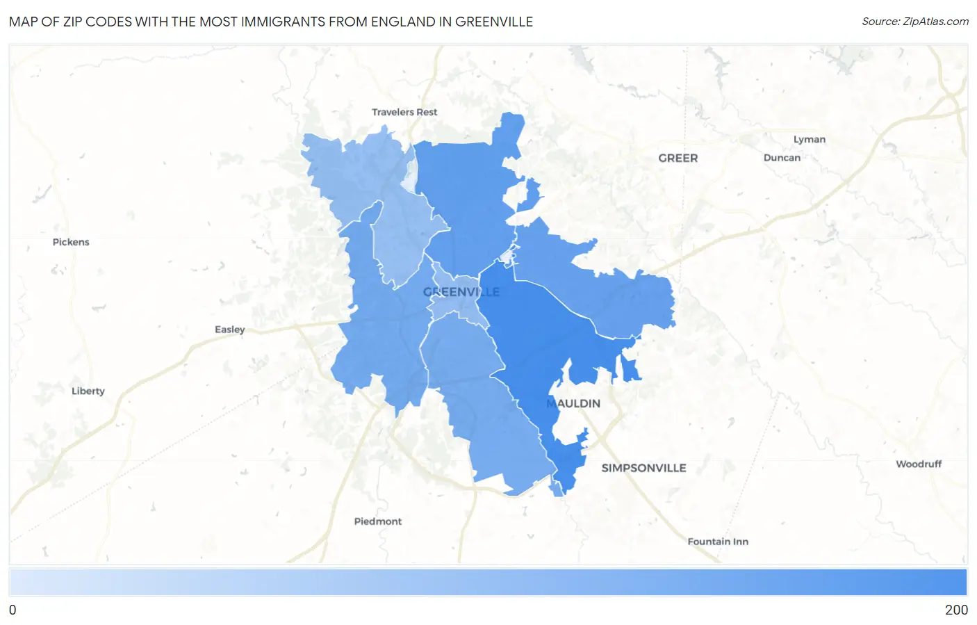 Zip Codes with the Most Immigrants from England in Greenville Map