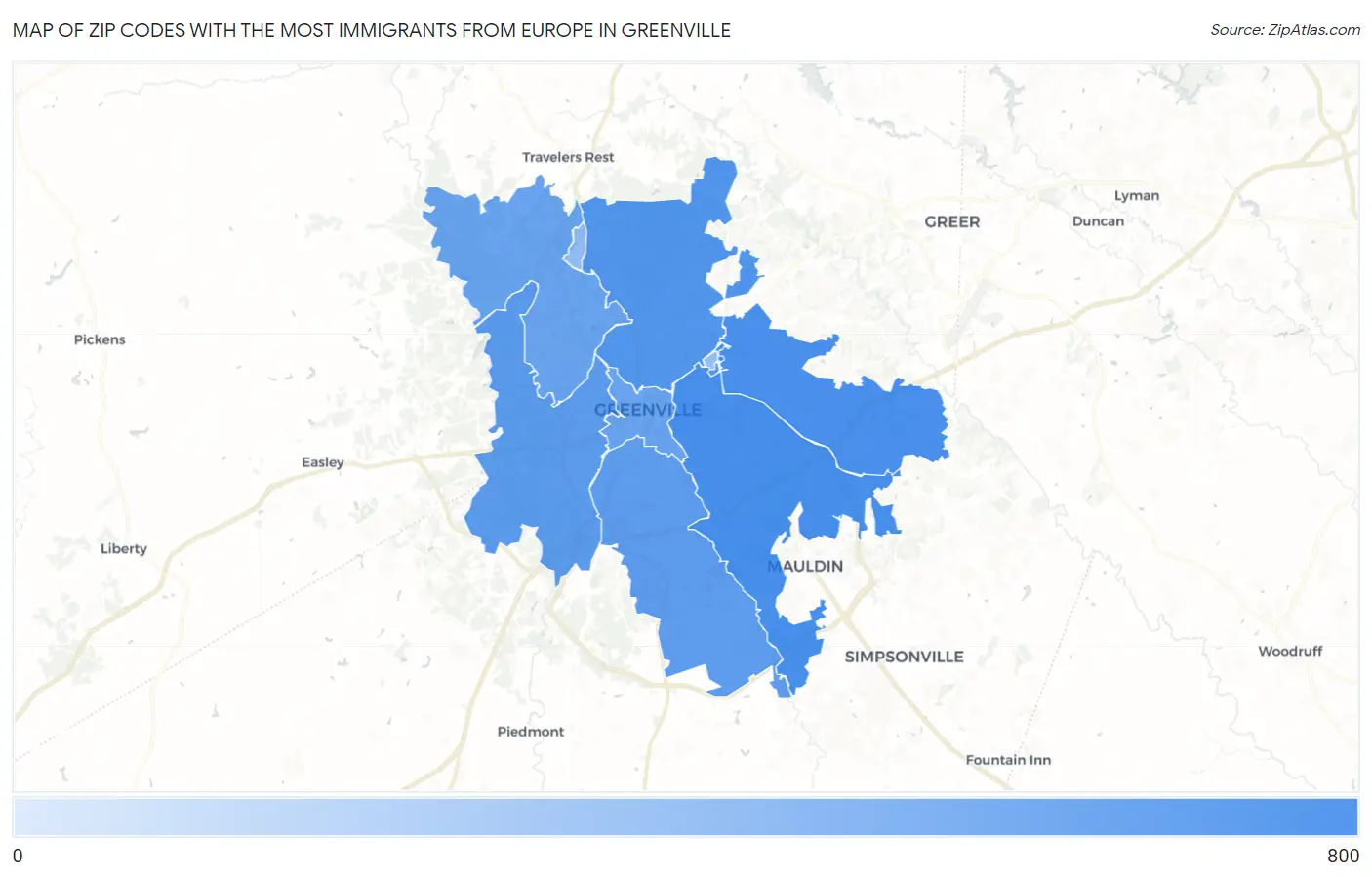 Zip Codes with the Most Immigrants from Europe in Greenville Map