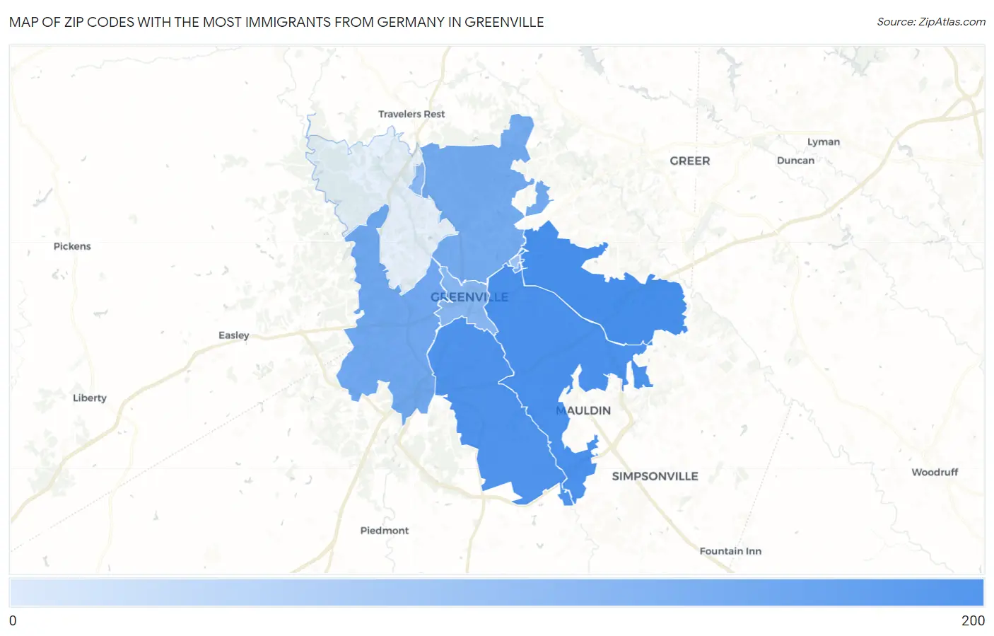 Zip Codes with the Most Immigrants from Germany in Greenville Map