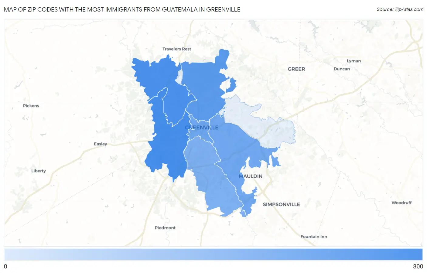 Zip Codes with the Most Immigrants from Guatemala in Greenville Map