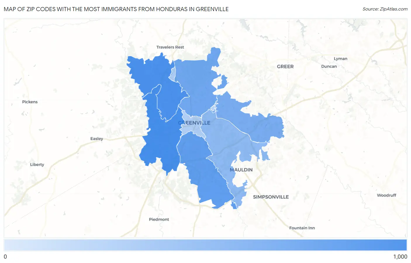 Zip Codes with the Most Immigrants from Honduras in Greenville Map