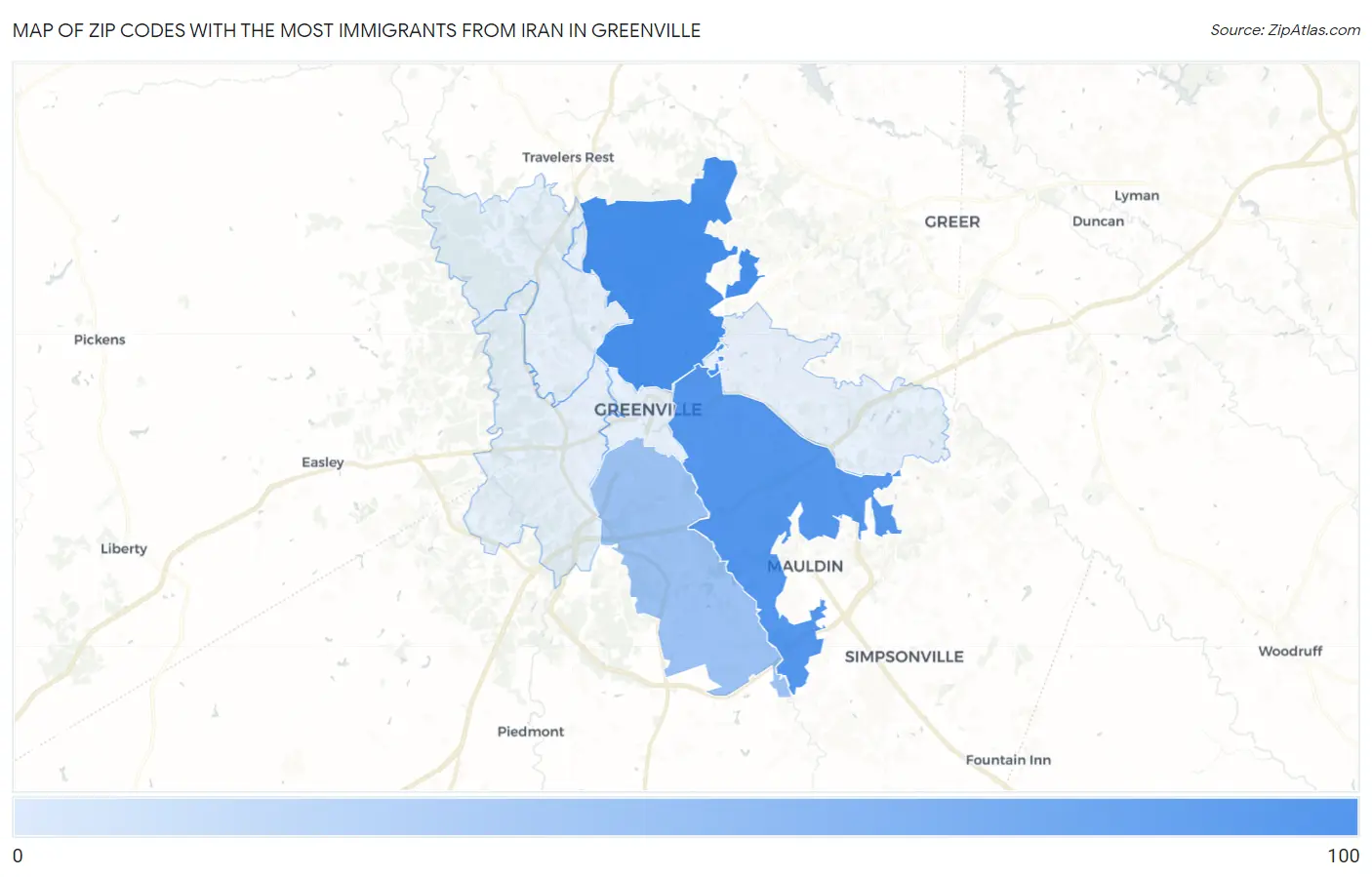 Zip Codes with the Most Immigrants from Iran in Greenville Map