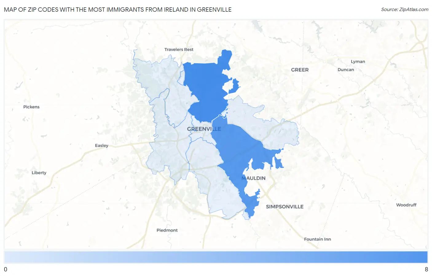 Zip Codes with the Most Immigrants from Ireland in Greenville Map