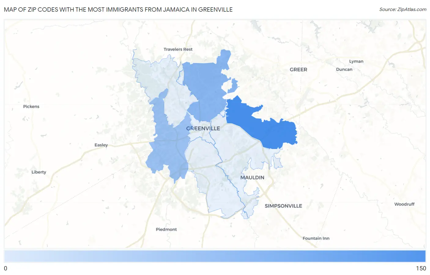 Zip Codes with the Most Immigrants from Jamaica in Greenville Map