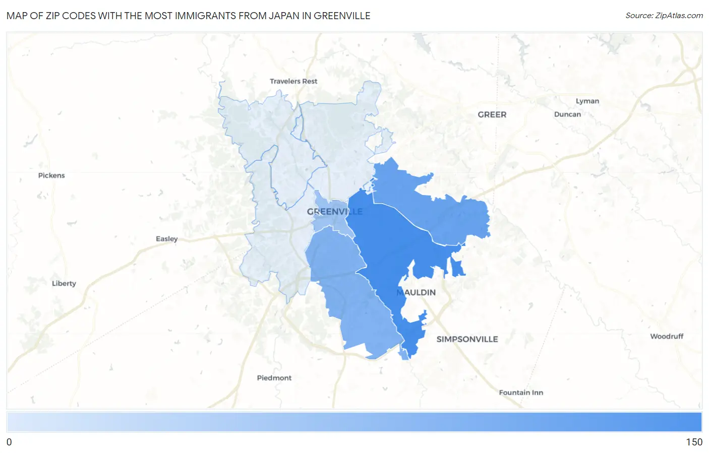 Zip Codes with the Most Immigrants from Japan in Greenville Map