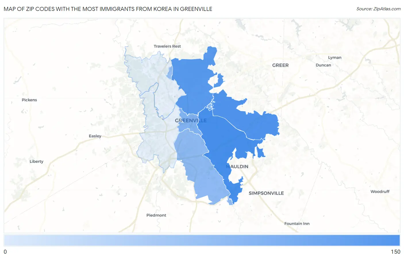Zip Codes with the Most Immigrants from Korea in Greenville Map