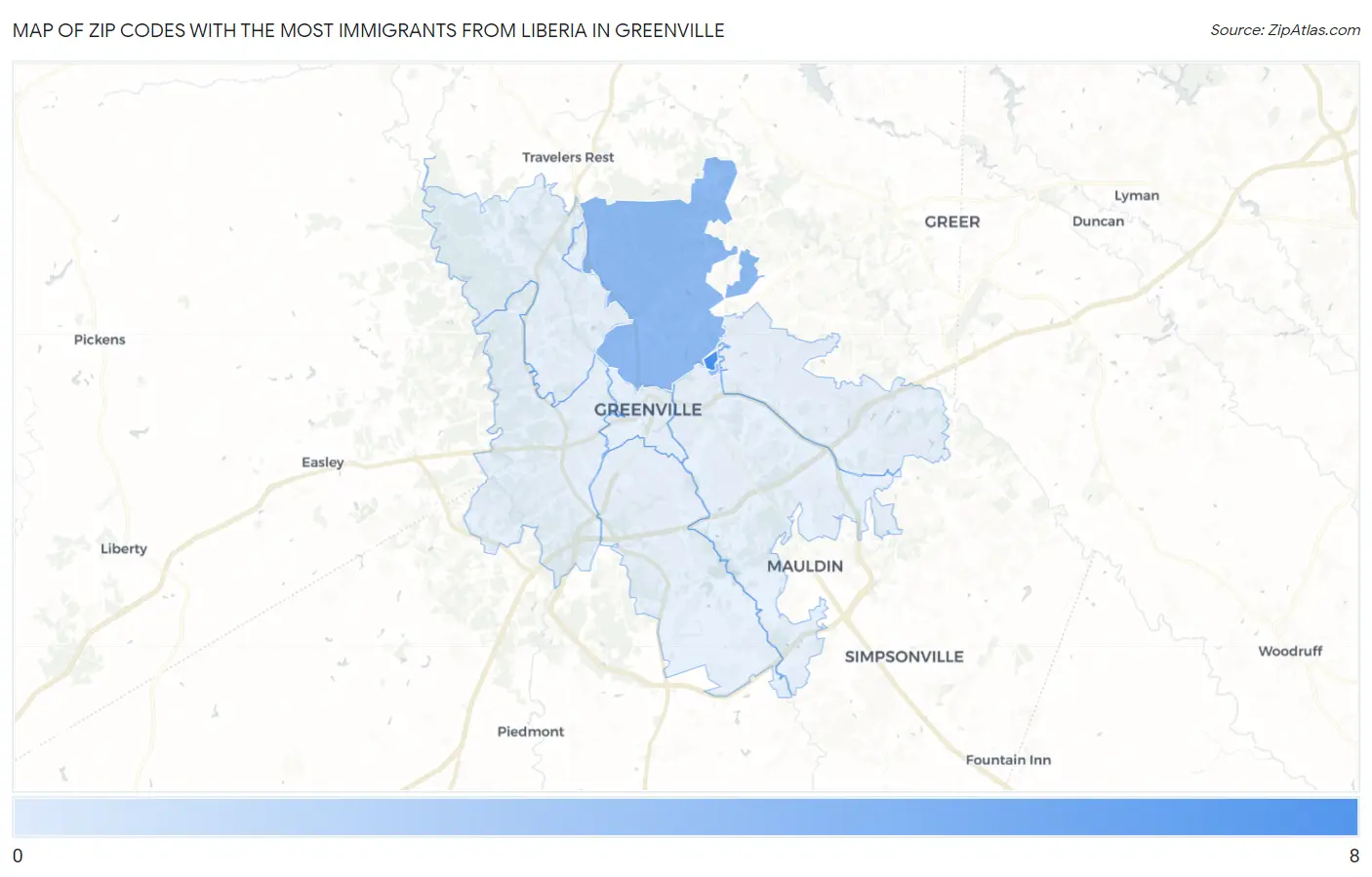 Zip Codes with the Most Immigrants from Liberia in Greenville Map