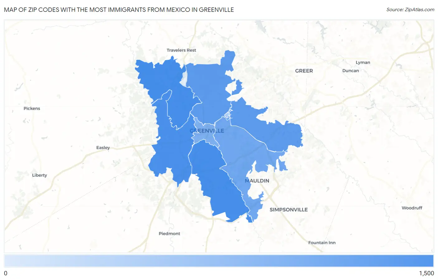 Zip Codes with the Most Immigrants from Mexico in Greenville Map