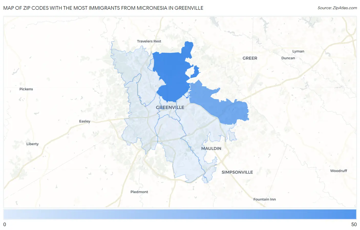Zip Codes with the Most Immigrants from Micronesia in Greenville Map