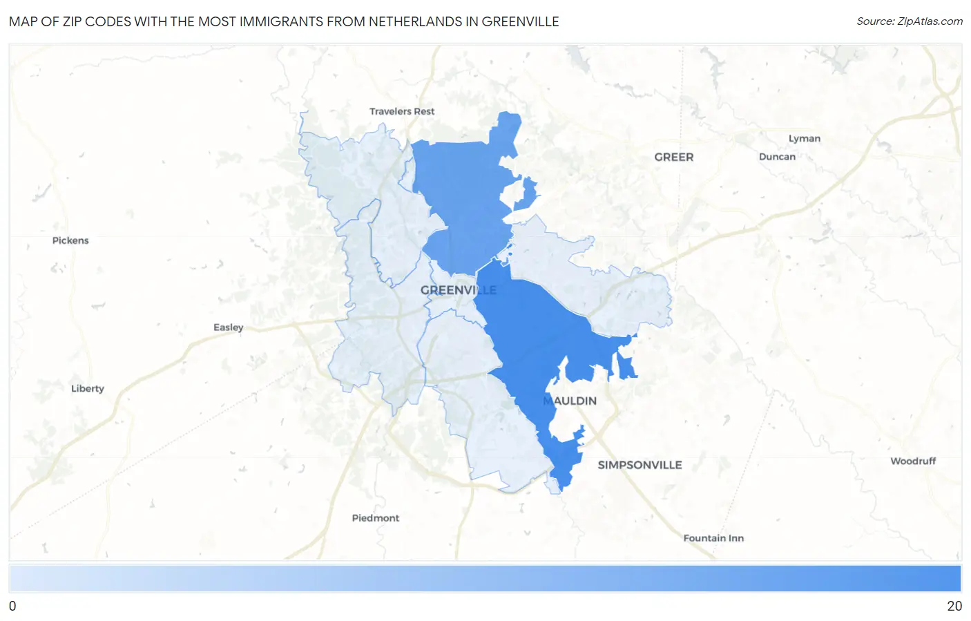 Zip Codes with the Most Immigrants from Netherlands in Greenville Map