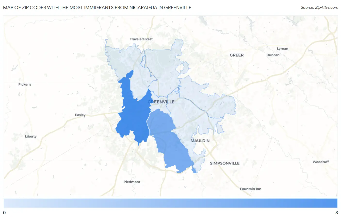 Zip Codes with the Most Immigrants from Nicaragua in Greenville Map