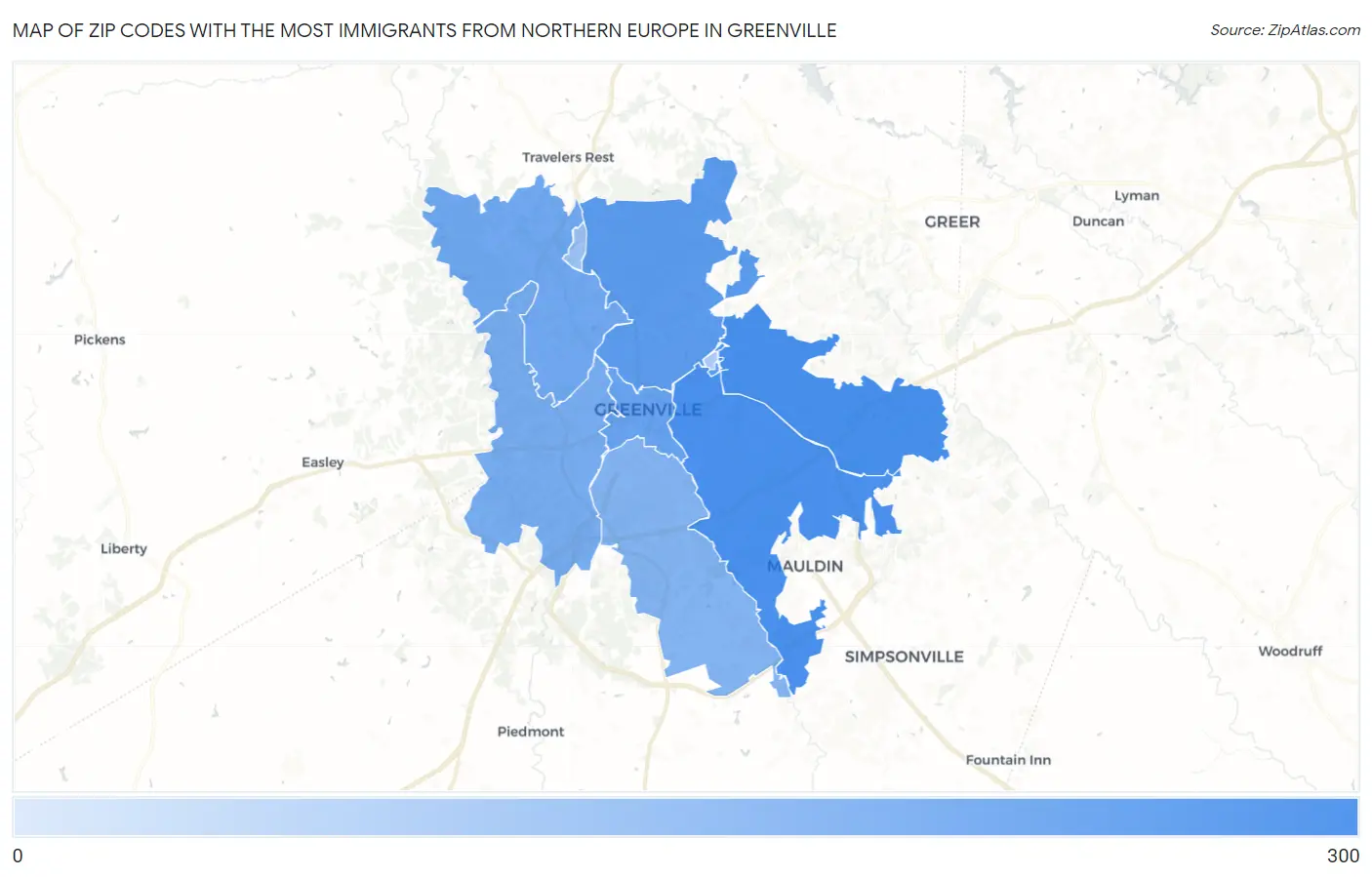 Zip Codes with the Most Immigrants from Northern Europe in Greenville Map