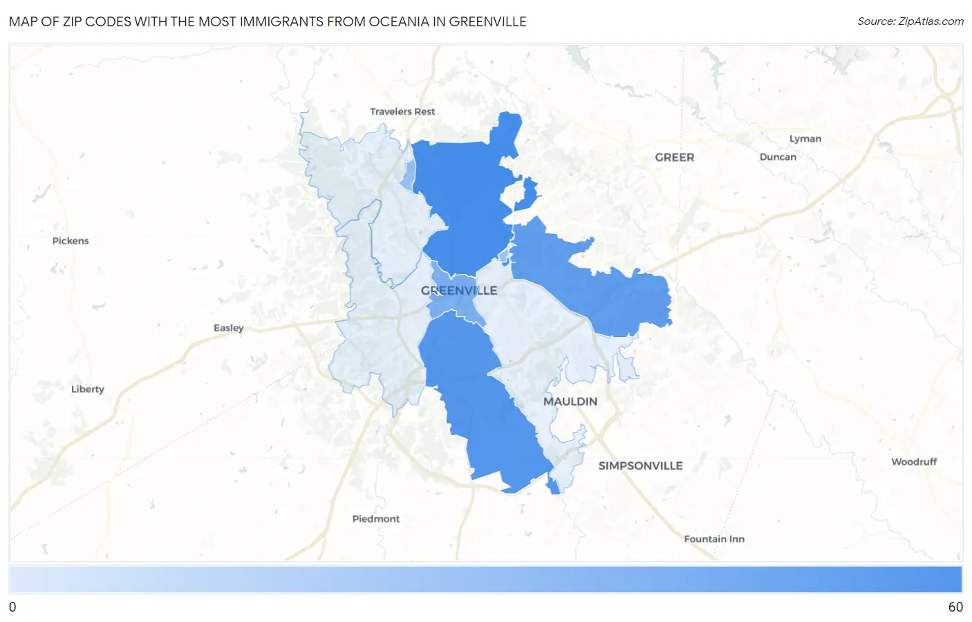 Zip Codes with the Most Immigrants from Oceania in Greenville Map