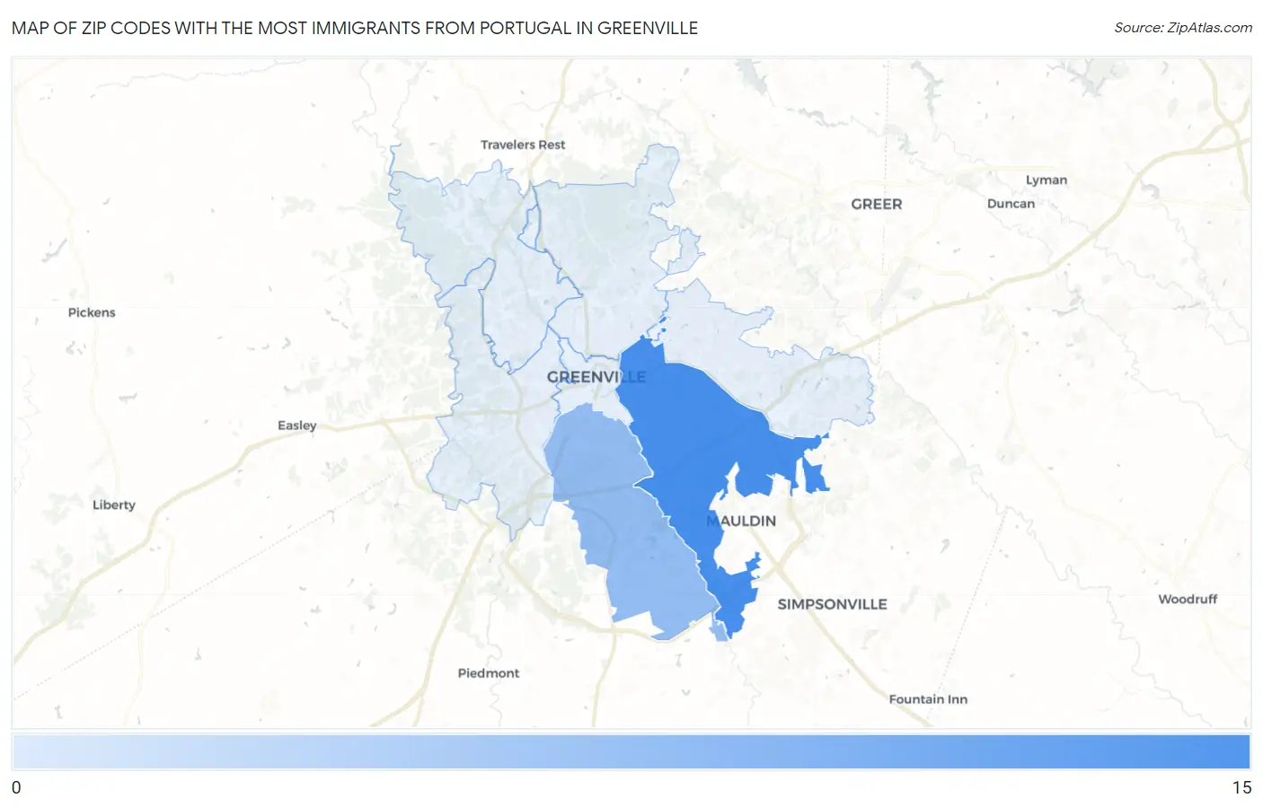 Zip Codes with the Most Immigrants from Portugal in Greenville Map