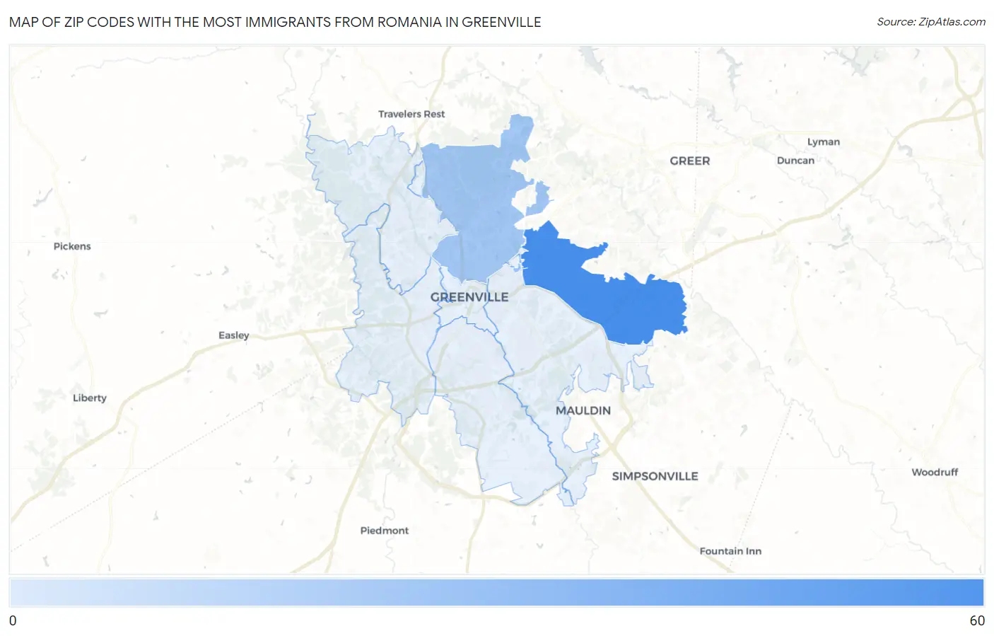 Zip Codes with the Most Immigrants from Romania in Greenville Map