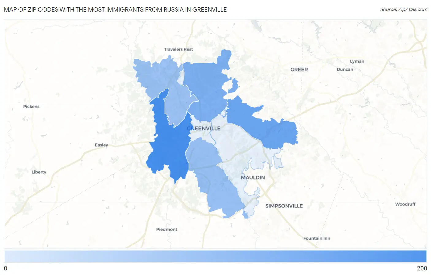 Zip Codes with the Most Immigrants from Russia in Greenville Map