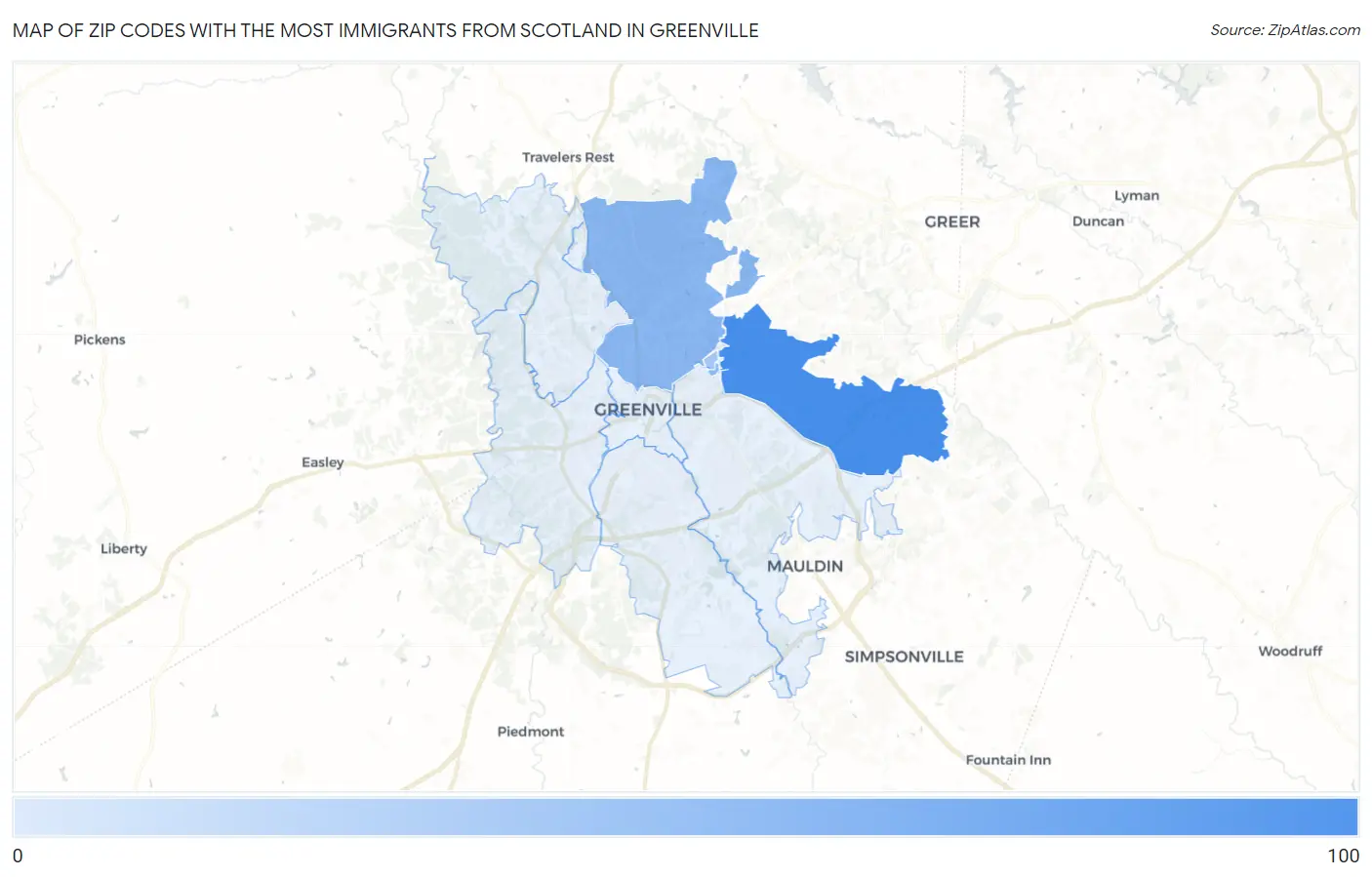 Zip Codes with the Most Immigrants from Scotland in Greenville Map