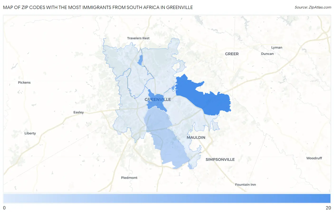 Zip Codes with the Most Immigrants from South Africa in Greenville Map