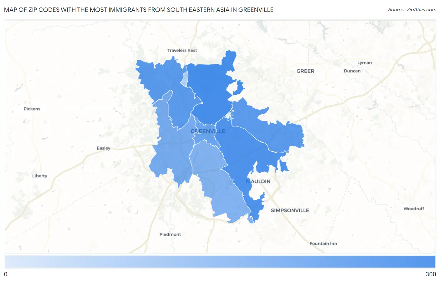 Zip Codes with the Most Immigrants from South Eastern Asia in Greenville Map