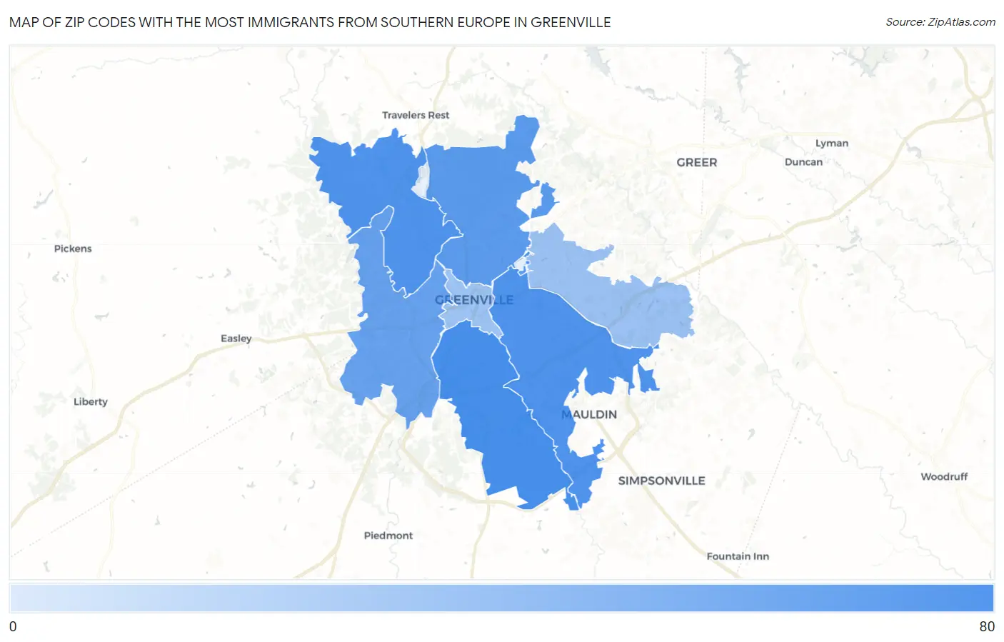 Zip Codes with the Most Immigrants from Southern Europe in Greenville Map