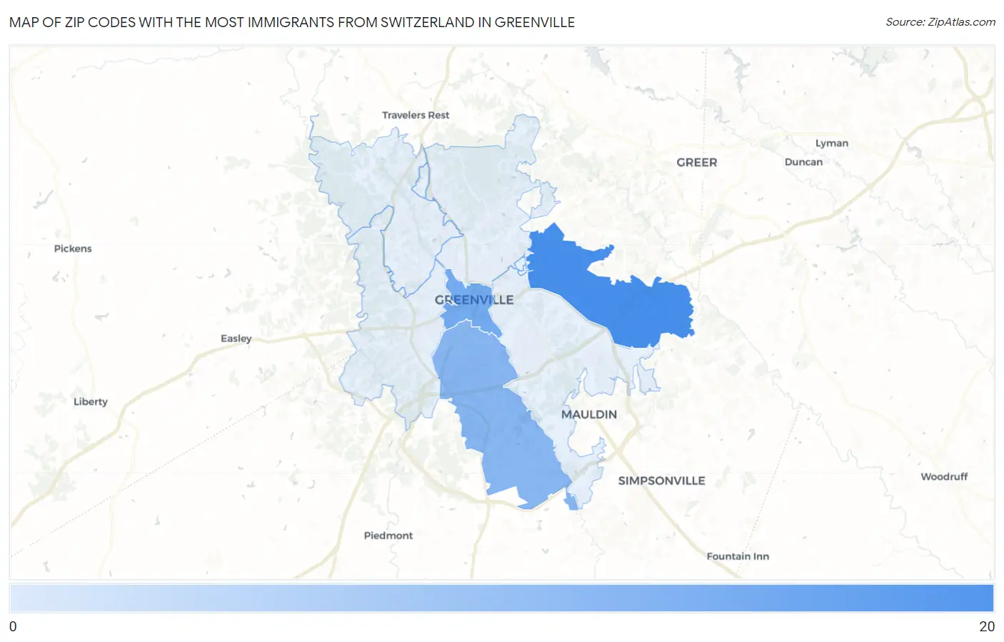 Zip Codes with the Most Immigrants from Switzerland in Greenville Map