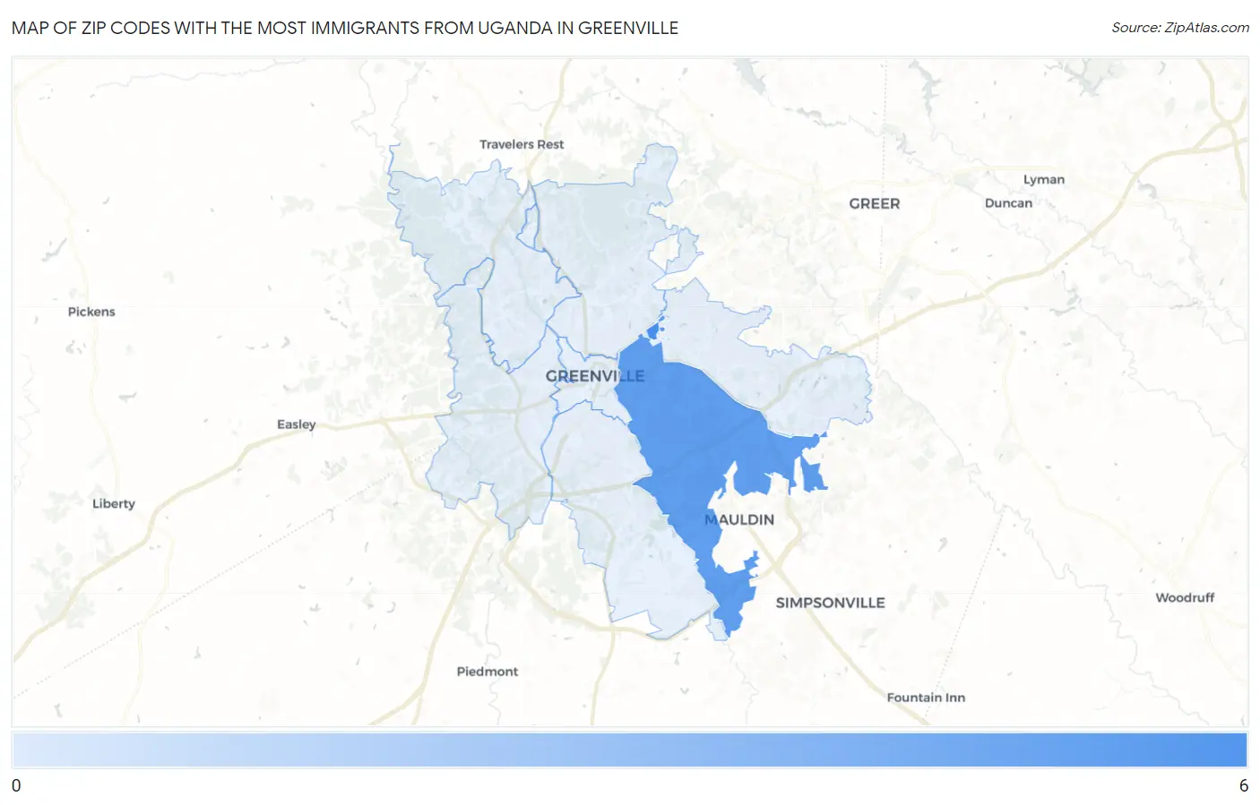 Zip Codes with the Most Immigrants from Uganda in Greenville Map
