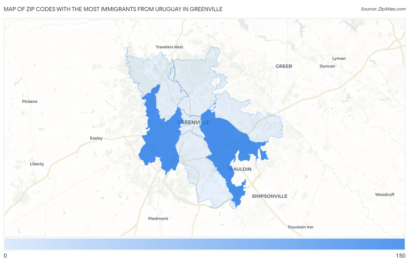 Zip Codes with the Most Immigrants from Uruguay in Greenville Map
