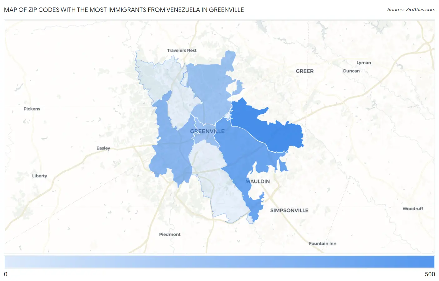 Zip Codes with the Most Immigrants from Venezuela in Greenville Map