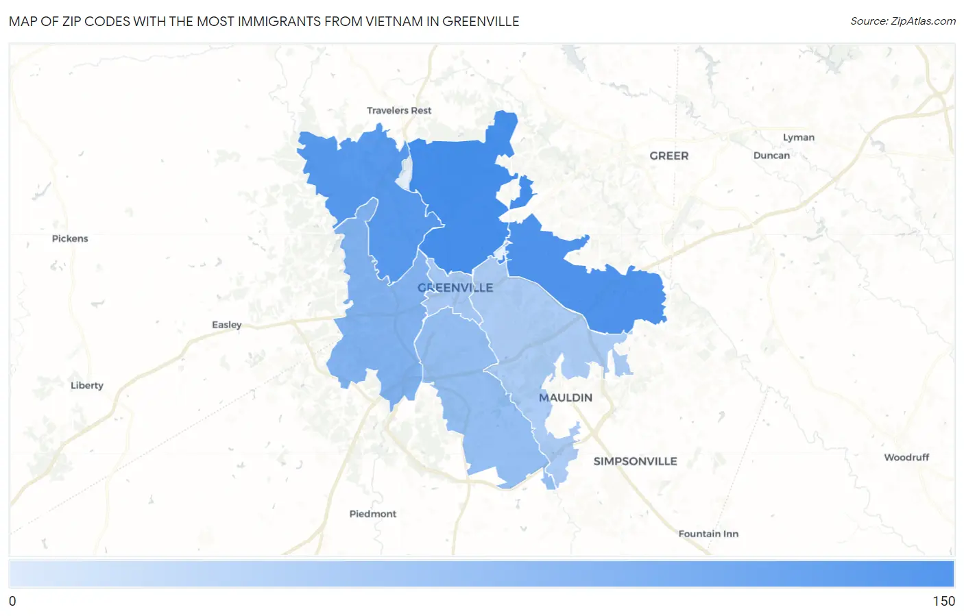 Zip Codes with the Most Immigrants from Vietnam in Greenville Map