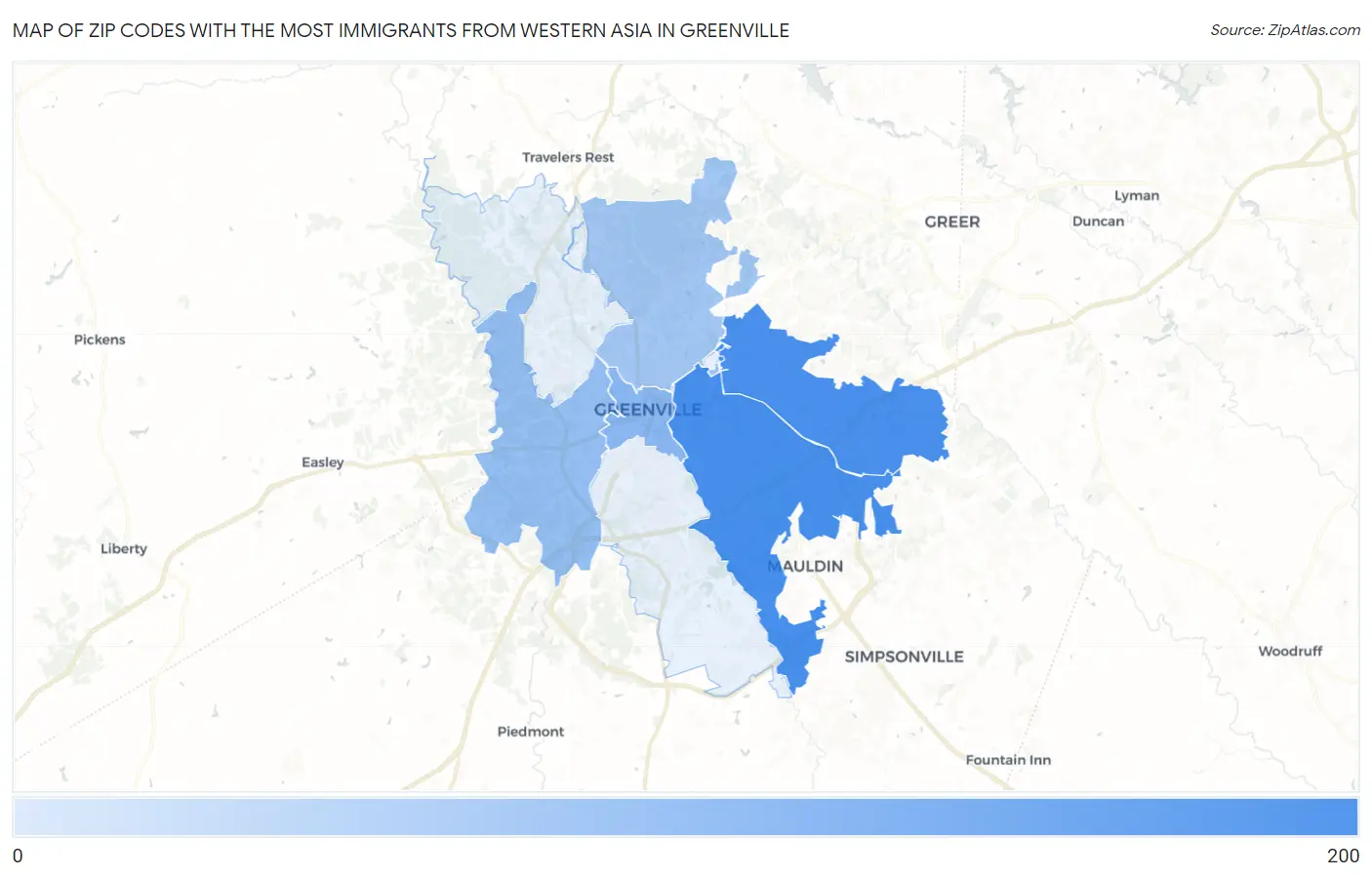 Zip Codes with the Most Immigrants from Western Asia in Greenville Map