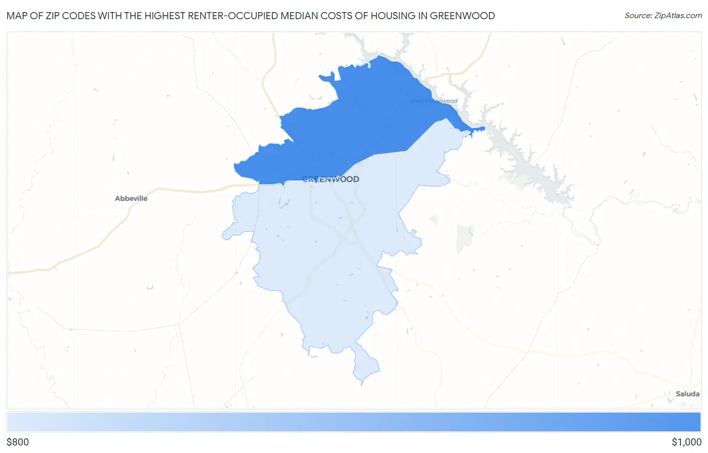 Zip Codes with the Highest Renter-Occupied Median Costs of Housing in Greenwood Map