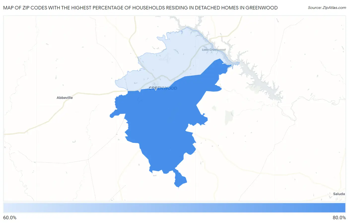 Zip Codes with the Highest Percentage of Households Residing in Detached Homes in Greenwood Map