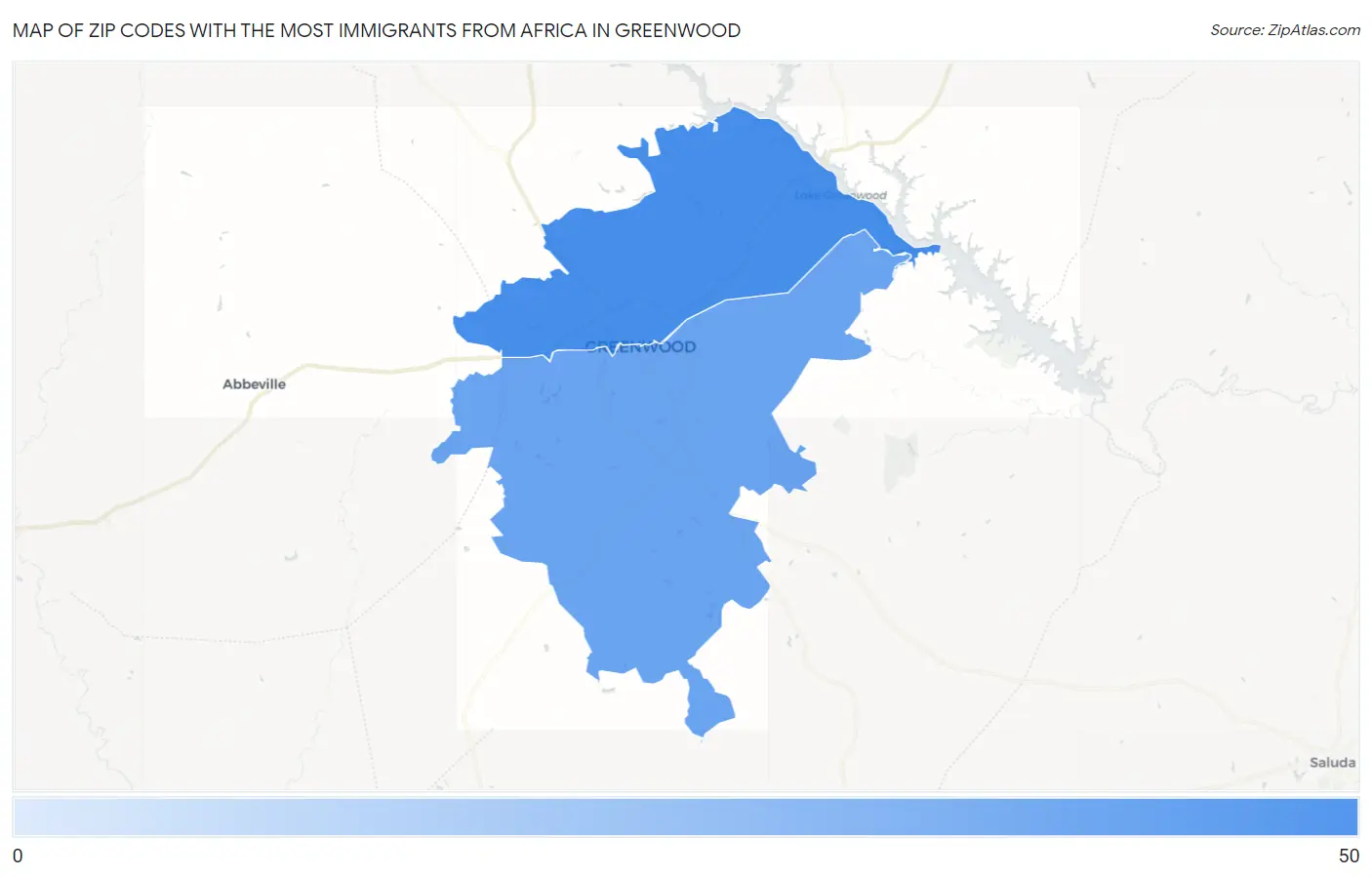 Zip Codes with the Most Immigrants from Africa in Greenwood Map