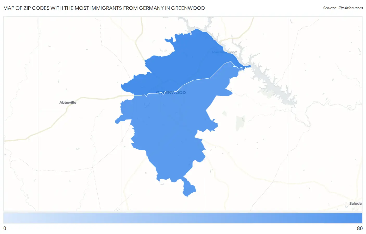 Zip Codes with the Most Immigrants from Germany in Greenwood Map