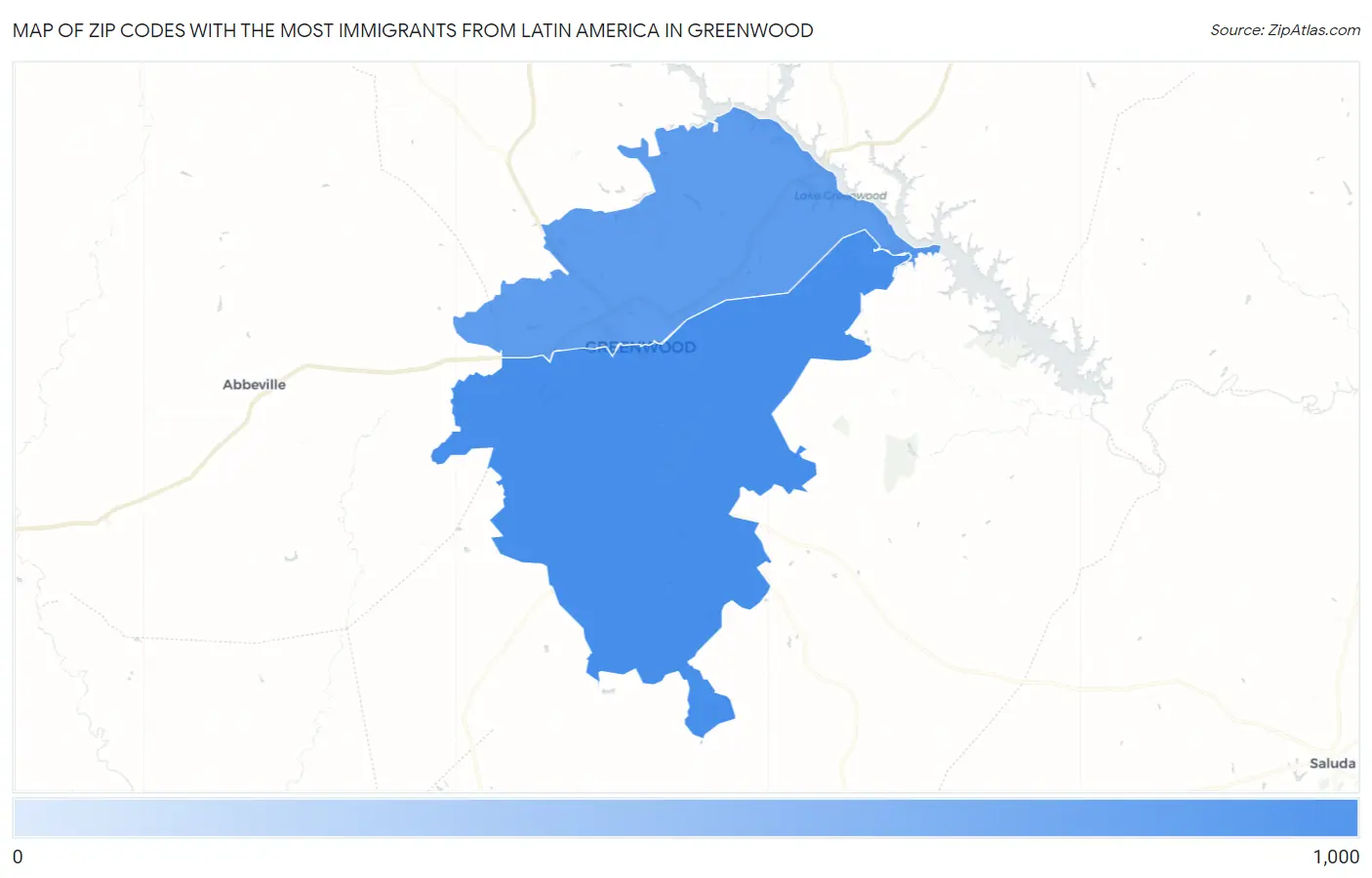 Zip Codes with the Most Immigrants from Latin America in Greenwood Map
