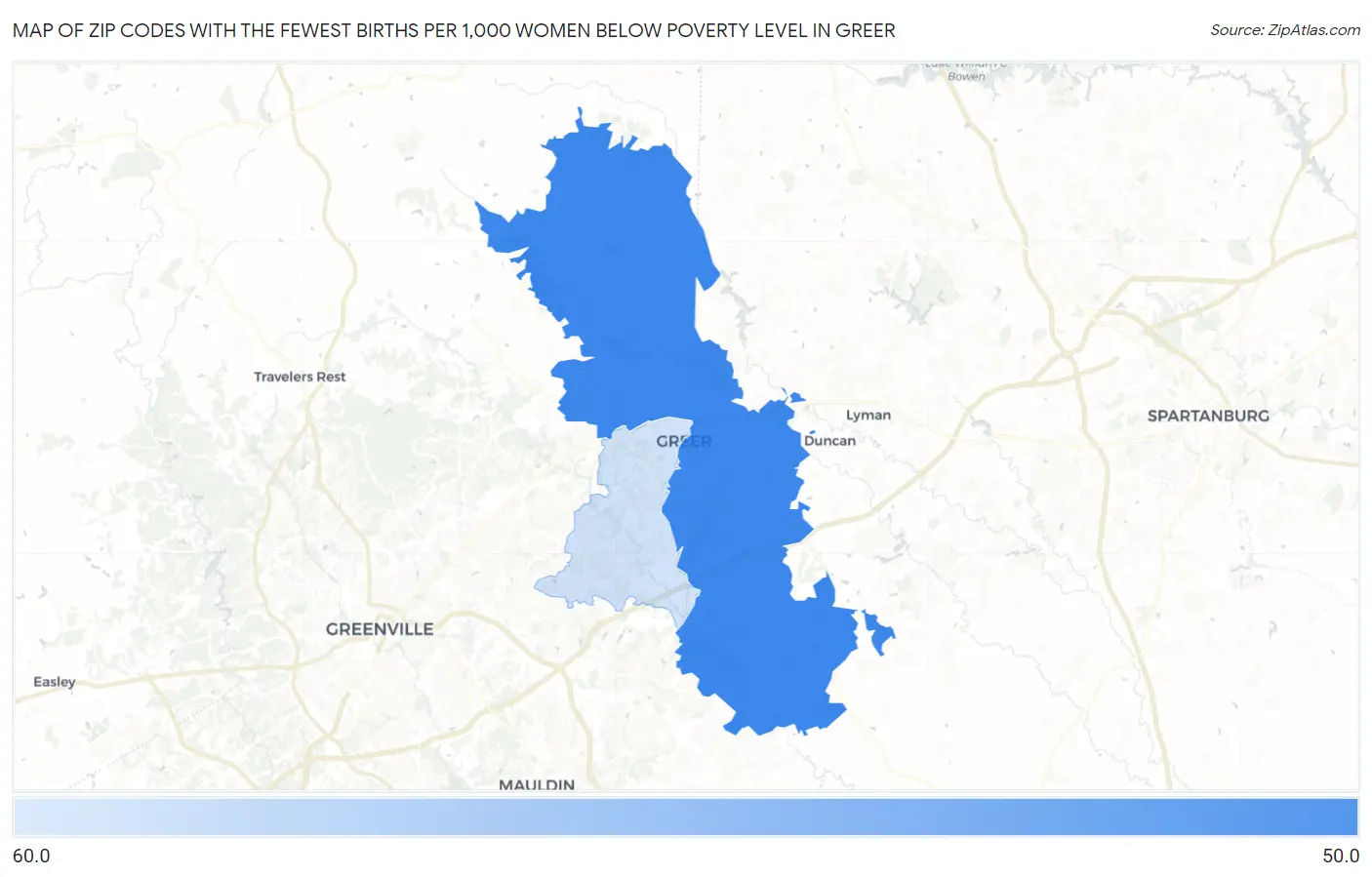 Zip Codes with the Fewest Births per 1,000 Women Below Poverty Level in Greer Map