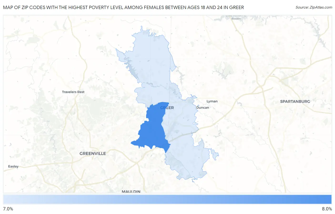 Zip Codes with the Highest Poverty Level Among Females Between Ages 18 and 24 in Greer Map
