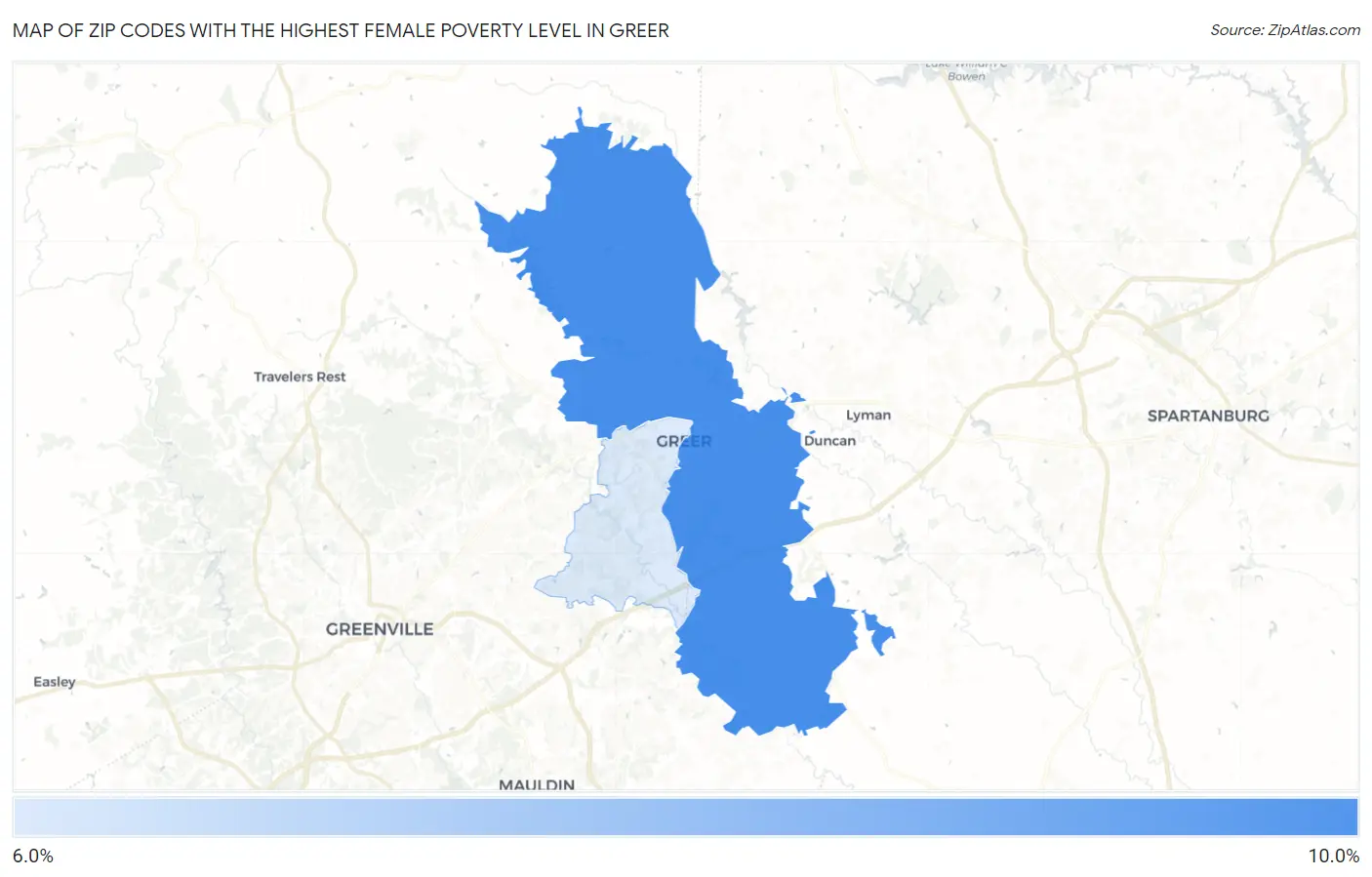 Zip Codes with the Highest Female Poverty Level in Greer Map