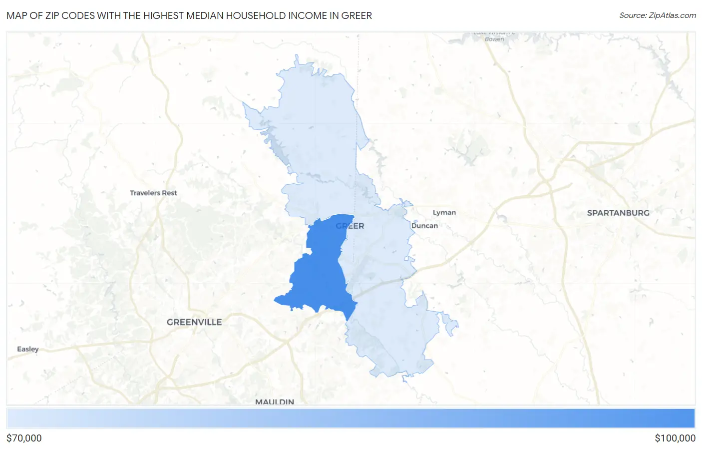 Zip Codes with the Highest Median Household Income in Greer Map